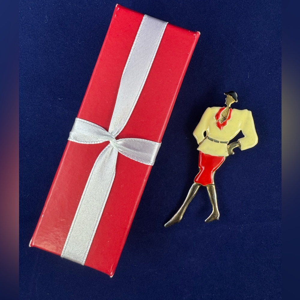Vintage Retro Enamel Fashion Lady Brooch Pin - Red Skirt & Cream Jacket- 1980’s